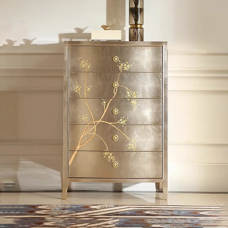 LTT French Chinese style painted chest of drawers European style silver foil decorative cabinet solid wood drawer locker