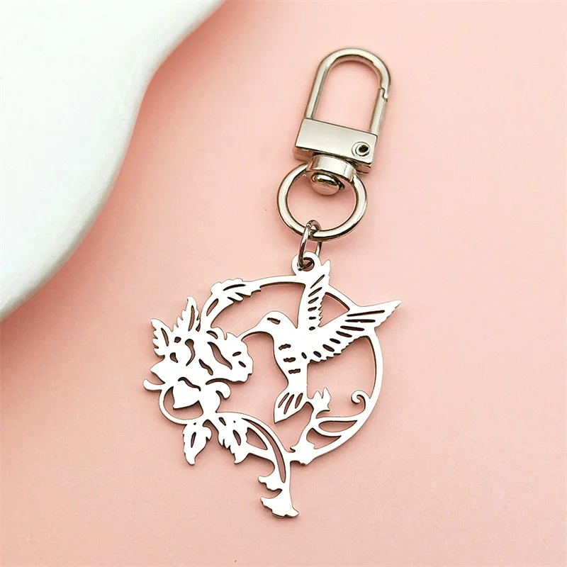 Hollow Hummingbird Kiss Flower Key Chain Women Men Stainless Steel Silver Color Morning Glory Female Classic Keyring Jewelry