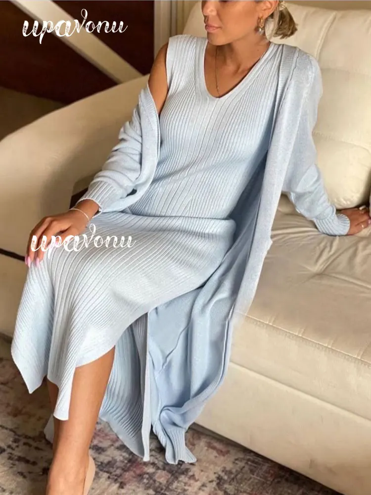 Elegant Women's Knit Dress Two Piece Set Fall 2024 Long Sleeve Cardigan Long Coat & Skinny Midi Dress Knitwear Set