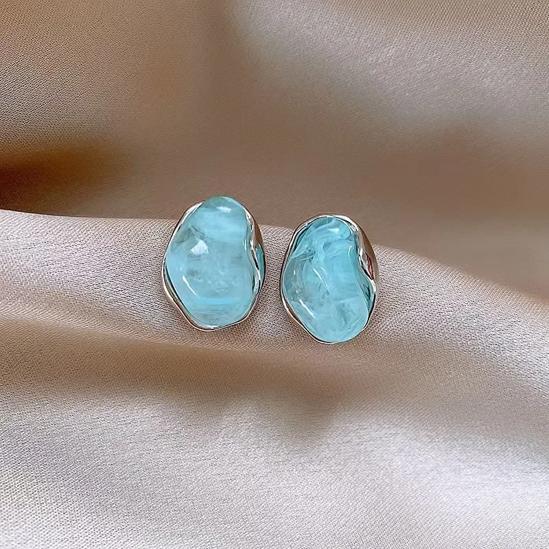 Irregular Smudging Resin Blue Jelly Ice Cute Geometric Bean Stud Earrings for Women Unique Jewelry Christmas Gift