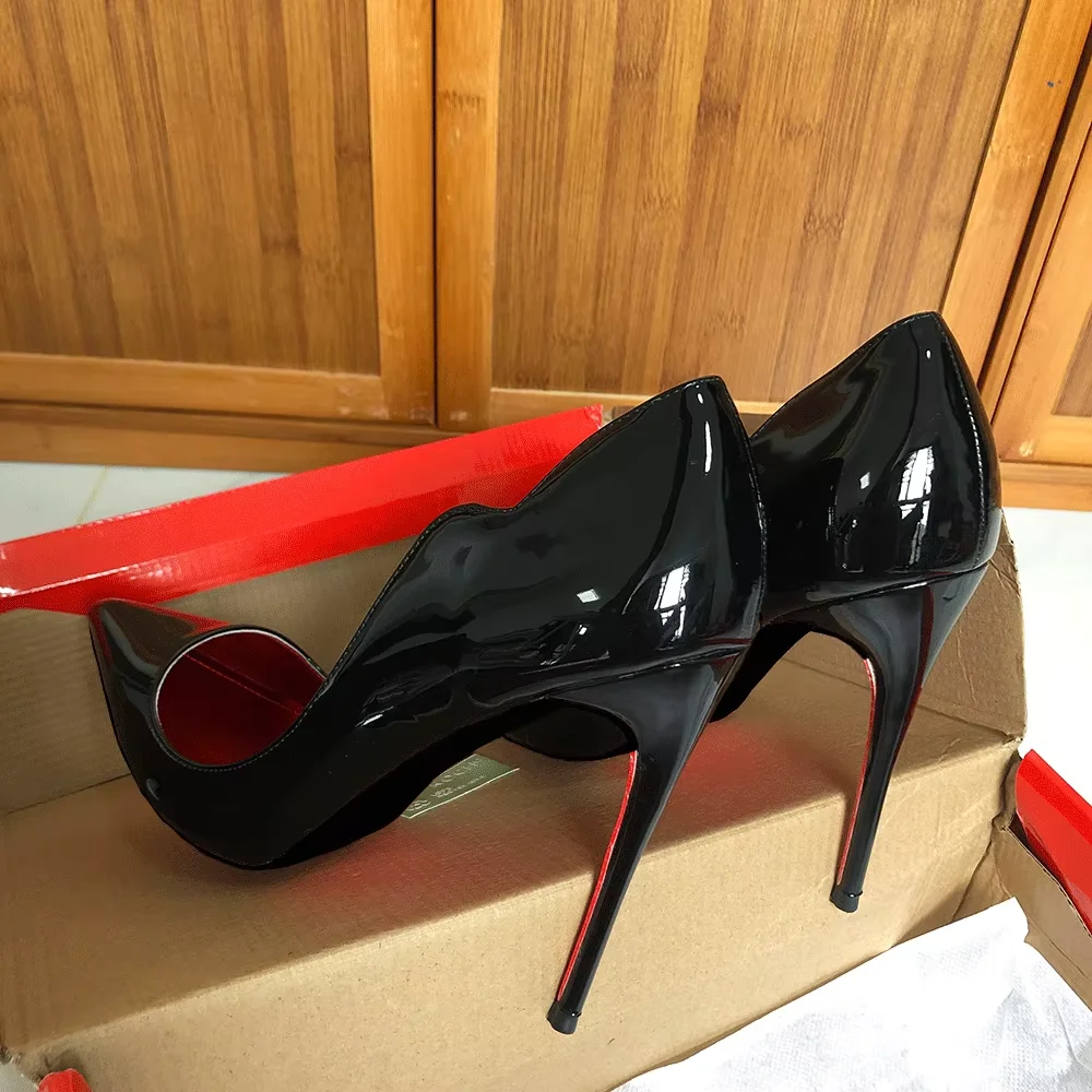 Heelgoo Elegant Glossy Black Curl Cut Women Pointy Toe 12cm High Heel Shoes Sexy V Cut Lady Party Wedding Stiletto Pumps Size46 image 5