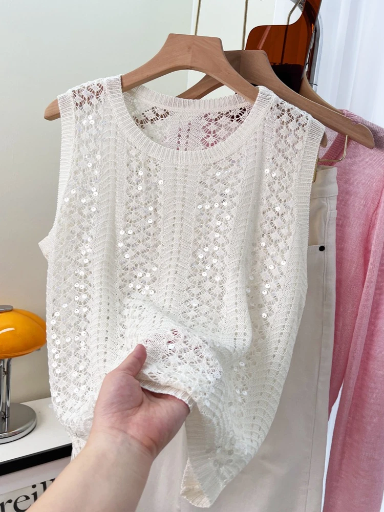 

Высококачественный французский маленький ароматный ветровой полый вязаный жилет, женский летний новый французский топ без рукавов, рубашка с круглым вырезом