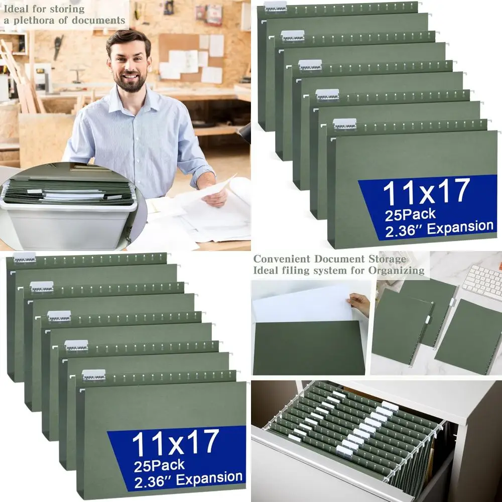 

Heavy-Duty Reinforced Hanging File Folders with Plastic Tabs for Drawing, Engineering, and Document Organization (Green)