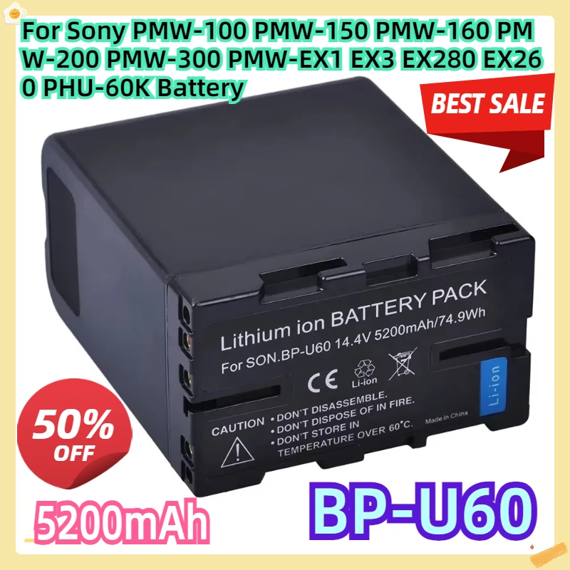 

For Sony PMW-100 PMW-150 PMW-160 PMW-200 PMW-300 PMW-EX1 EX3 EX280 EX260 PHU-60K 5200mAh BP-U60 BP-U90 Battery