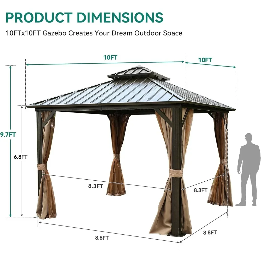 10x10ft Hardtop Gazebo with Nettings and Curtains, Heavy Duty Double Roof Galvanized Steel Outdoor 2-Tier Aluminum Frame Garden