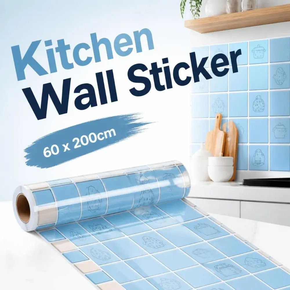 Self Adhesive Kitchen Wallpaper Waterproof Blue Tile Pattern Kitchen Wall Sticker Smooth Surface Oil Resistant