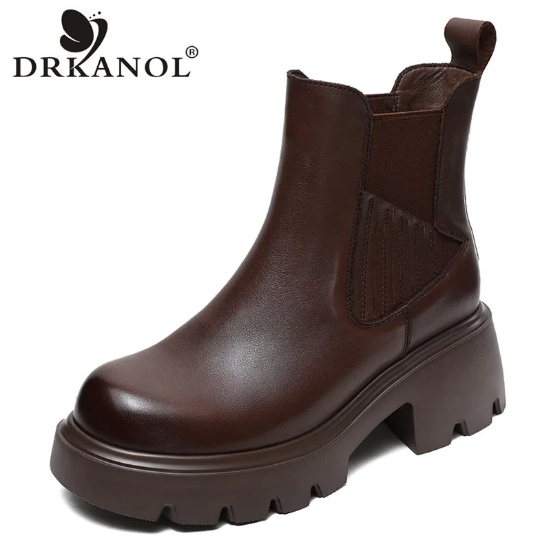 DRKANOL Autumn Winter Warm Platform Ankle Boots For Women Genuine Cow Leather Thick High Heel Elastic Band Retro Chelsea Boots