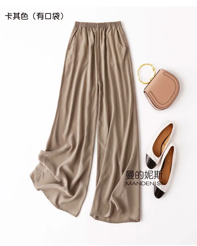 Tcyeek 100% Natural Silk Pants Women Summer Clothes Casual Elastic Waist Wide Leg Pants Solid Color Woman Trousers Streetwear