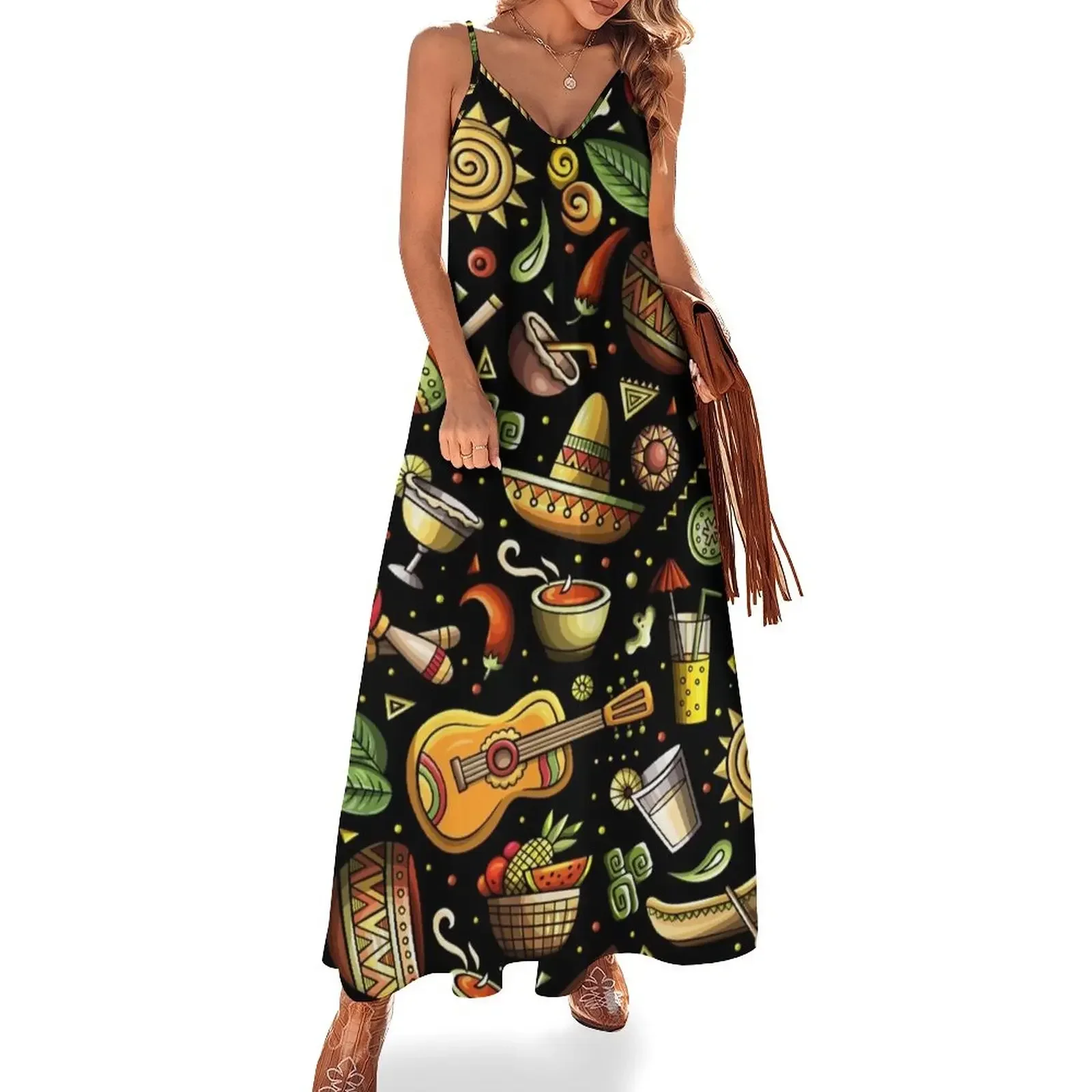 Cartoon hand-drawn latin american, mexican seamless pattern Sleeveless Dress summer dress Women's long dress