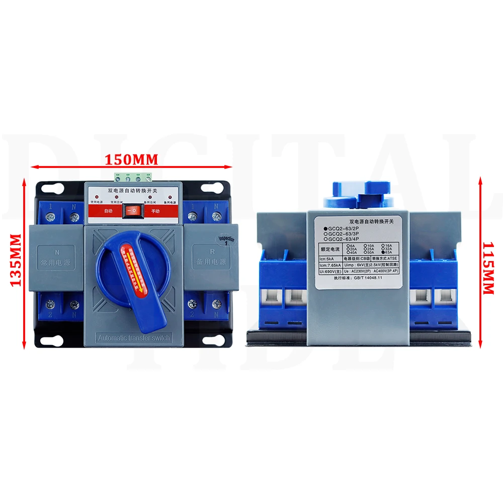Dual Power Automatic Transfer Switch Dual Power Generator Changeover Switch 50HZ/60HZ (GCQ2-63/2P Blue)