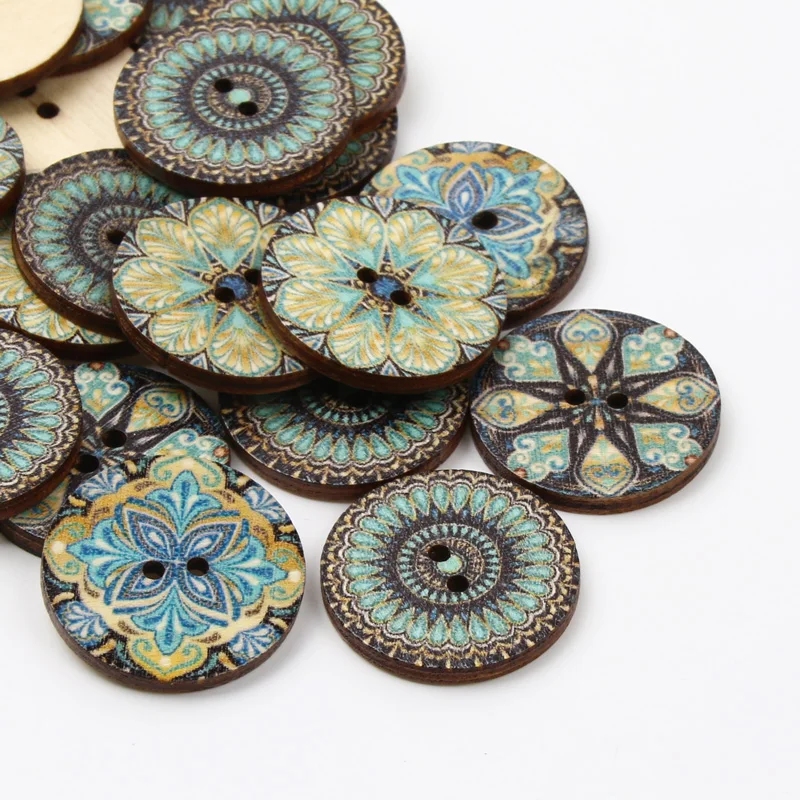 30pcs/lot 25mm Blue Vintage Paint Round 2Hole Wood Buttons For Clothing Sewing Accessories Kids Needlework Decorative Buttons