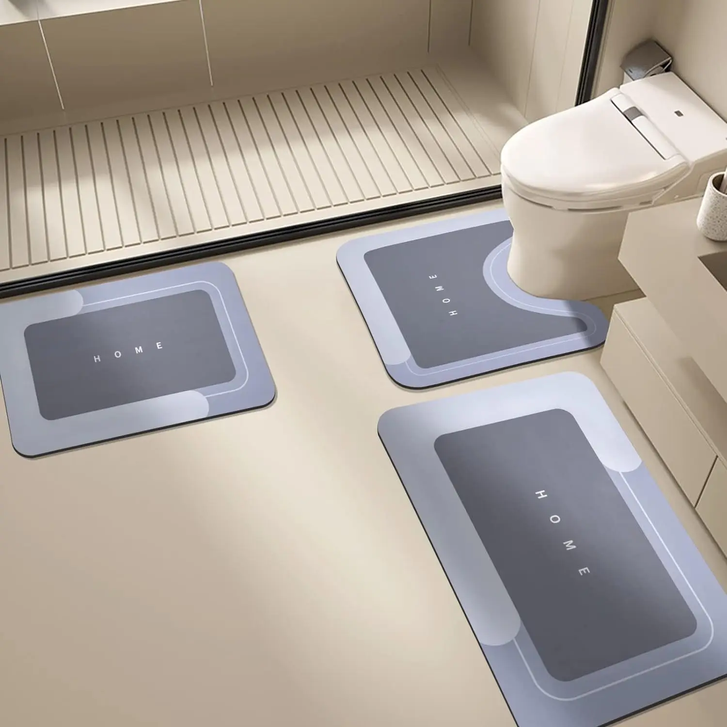 VIKAMA 3PCS Simple Diatomium Mud Bathroom Floor Mat U-Shaped Light Luxury Absorbent Non-Slip Foot Mat Drain Mat Carpet