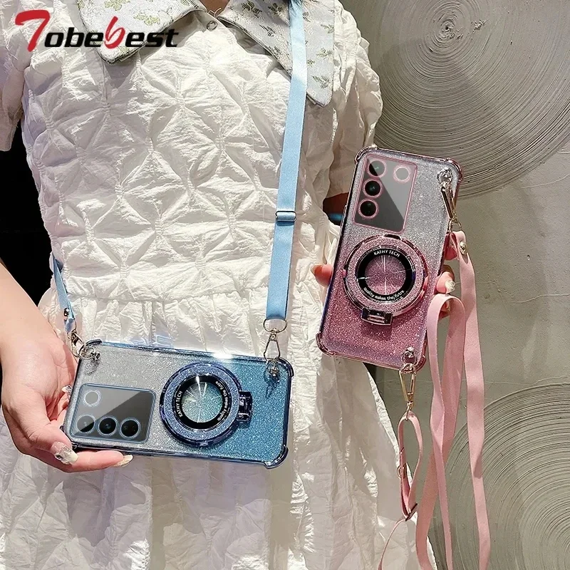 크로스 바디 끈 충격 방지 반짝이 도금 Magsafe 홀더 케이스 삼성 갤럭시 A16 A06 A15 A25 A35 A55 A14 A24 A34 A54 5G