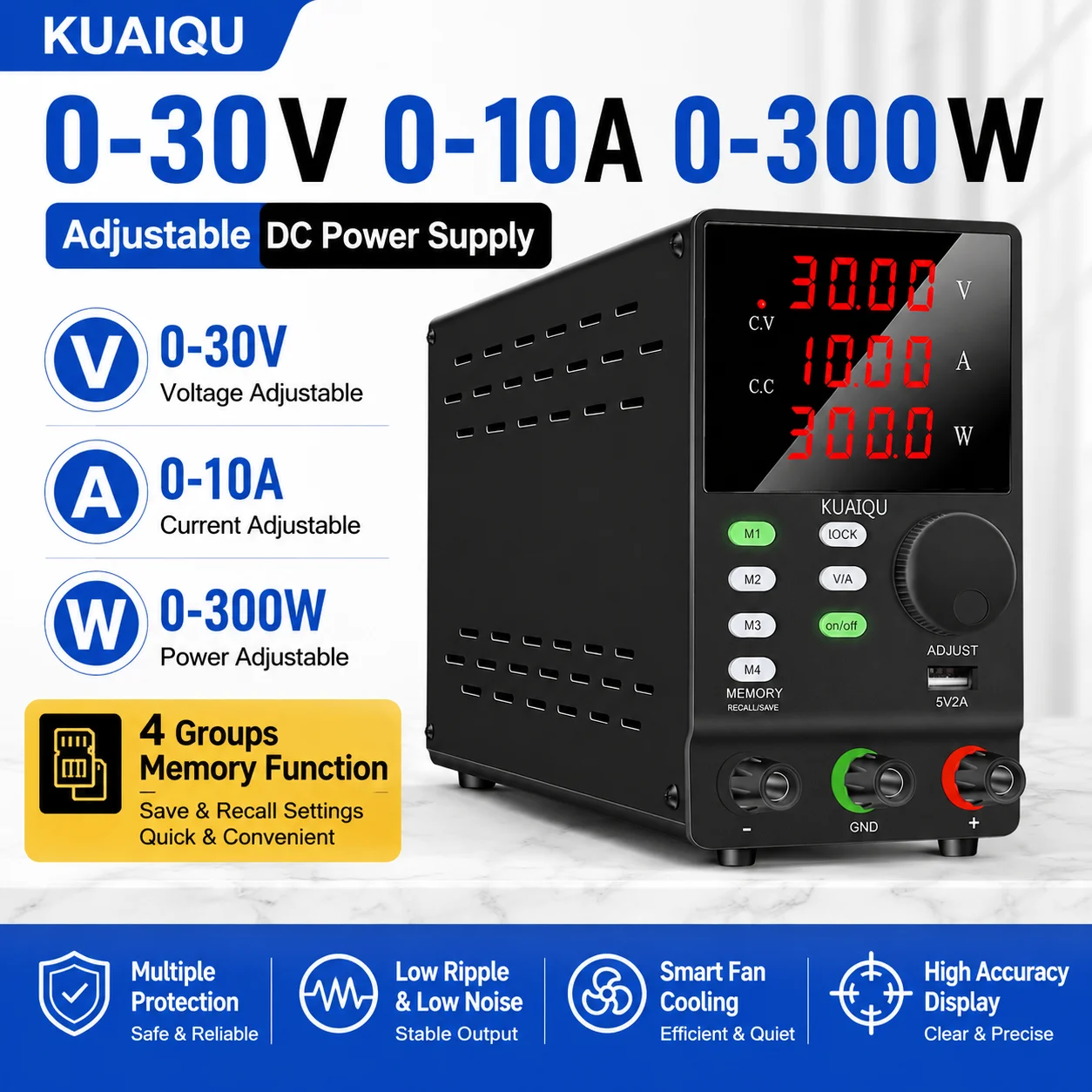 KUAIQU M1-M4 Memory Presets Adjustable Variable DC Bench Power Supply,Regulated Lab Power Source for Automotive ECU LED Testing