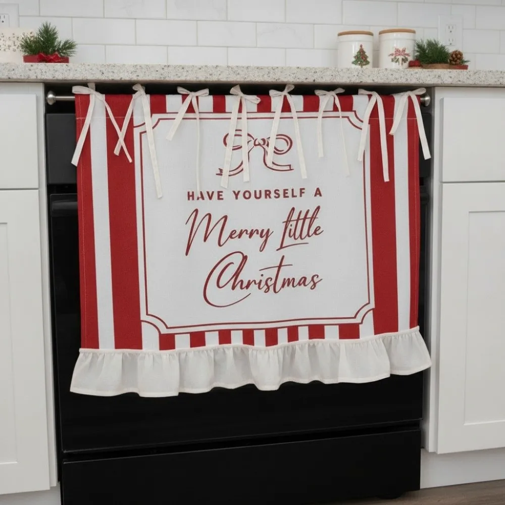 Lace-up Design Christmas Oven Curtain Ruffled Edge American-style Kitchen Stove Curtain Red and White Decorative Oven Skirt