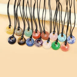 1pc Natural Stone Necklace Big Hole Round Stone Pendant Leather Rope Chain Charms for Women Men Exquisite Jewelry Length 45cm