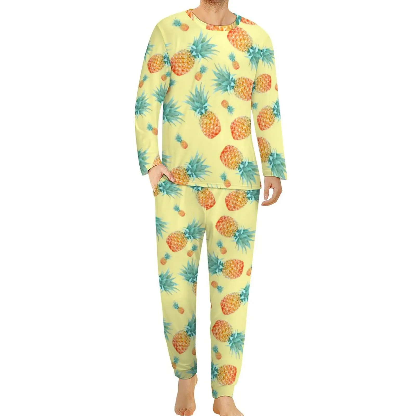 Pineapple Pattern Pajamas Autumn Tropical Fruit Elegant Pajamas Set Mens Long-Sleeve Bedroom Custom Nightwear Large Size 5XL 6XL