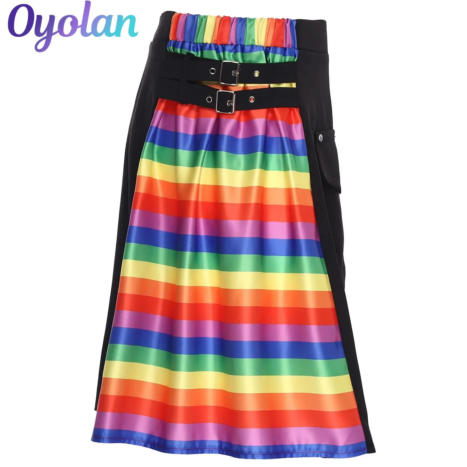 Falda Kilt de utilidad para hombre, disfraz de Cosplay tradicional para festivales Rave, falda Kilt de tartán escocés con bolsillo con solapa y rayas de arcoíris