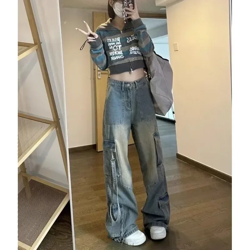 Female Jean Spliced Pockets Cargo Pants Washed Denim High Waist Full Length Jeans Loose Solid Basics Patchwork Distressed