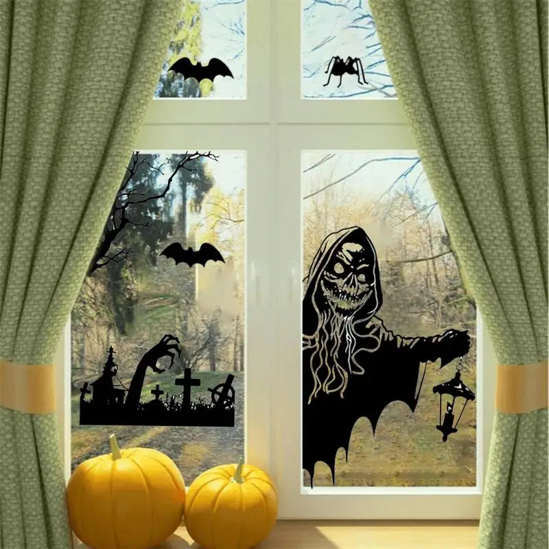 Pegatinas de ventana de Halloween, esqueleto estático, fantasmas, bruja, calabaza, silueta, pegatinas divertidas y aterradoras con temática de Halloween para decoración de fiesta