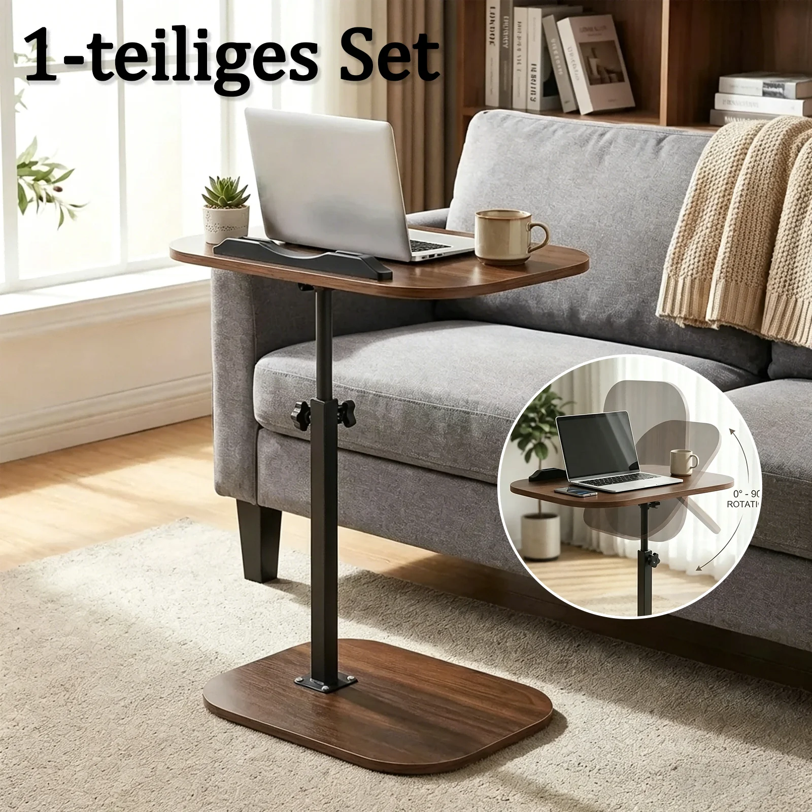 Höhenverstellbarer C-förmiger Nachttisch Tragbarer Laptop-Tisch Robuste Metallbasis Sofa-Beistelltisch zum Lesen Arbeiten Kaffee- und Snackaufbewahrung für Schlafzimmer und Wohnzimmer