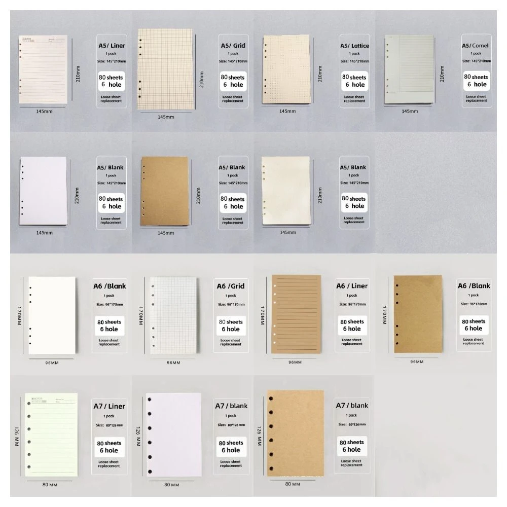 80Sheets A5 A6 A7 Loose Leaf Refill Paper 6 Hole Blank Connell Stationery Inner Refill Spiral Binder Paper Indexing Cards