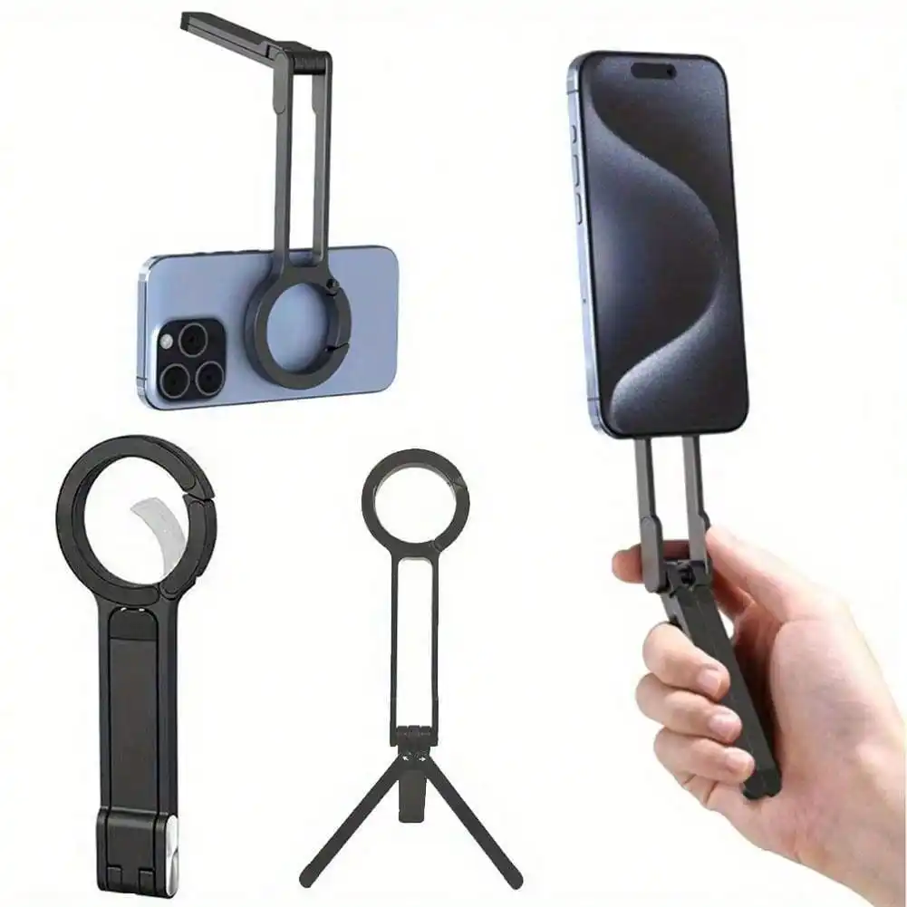 Foldable Alloy Magnetic Phone Stand Tripod, Adjustable Ring Holder with Carabiner, Ideal for Video & Daily Shooting