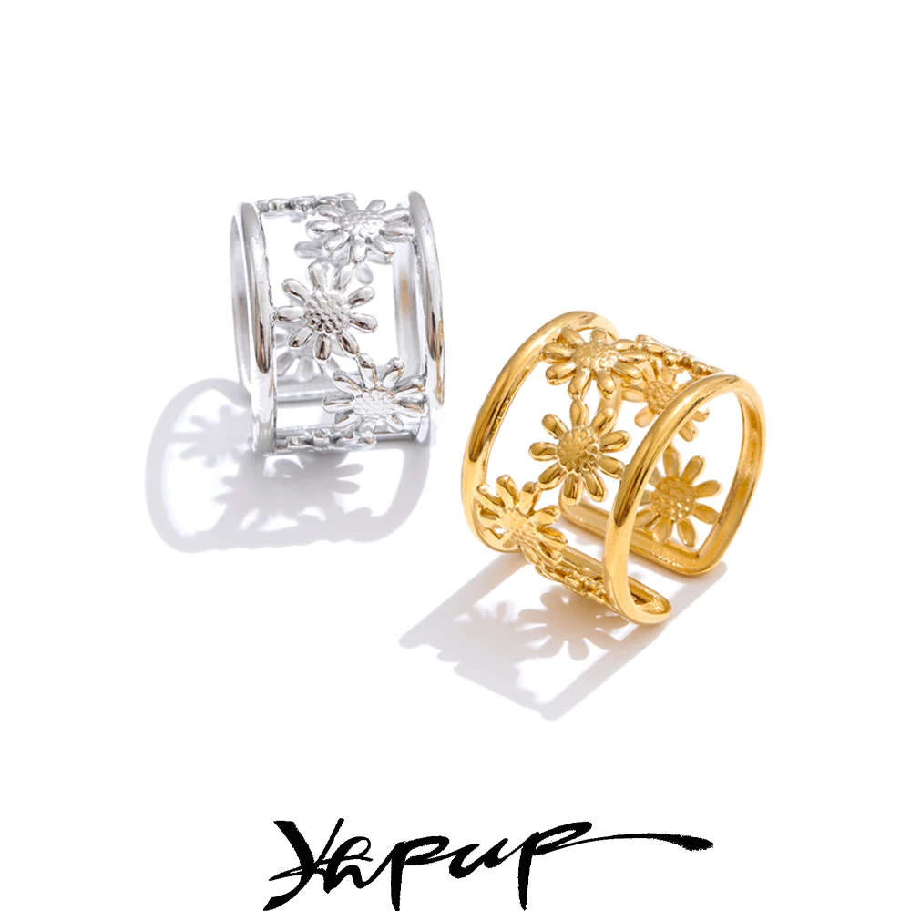 Yhpup Trending Adjustable Stainless Steel Flower Hollow Open Ring Gold & Platinum Plated Charm Finger Jewelry Accessories