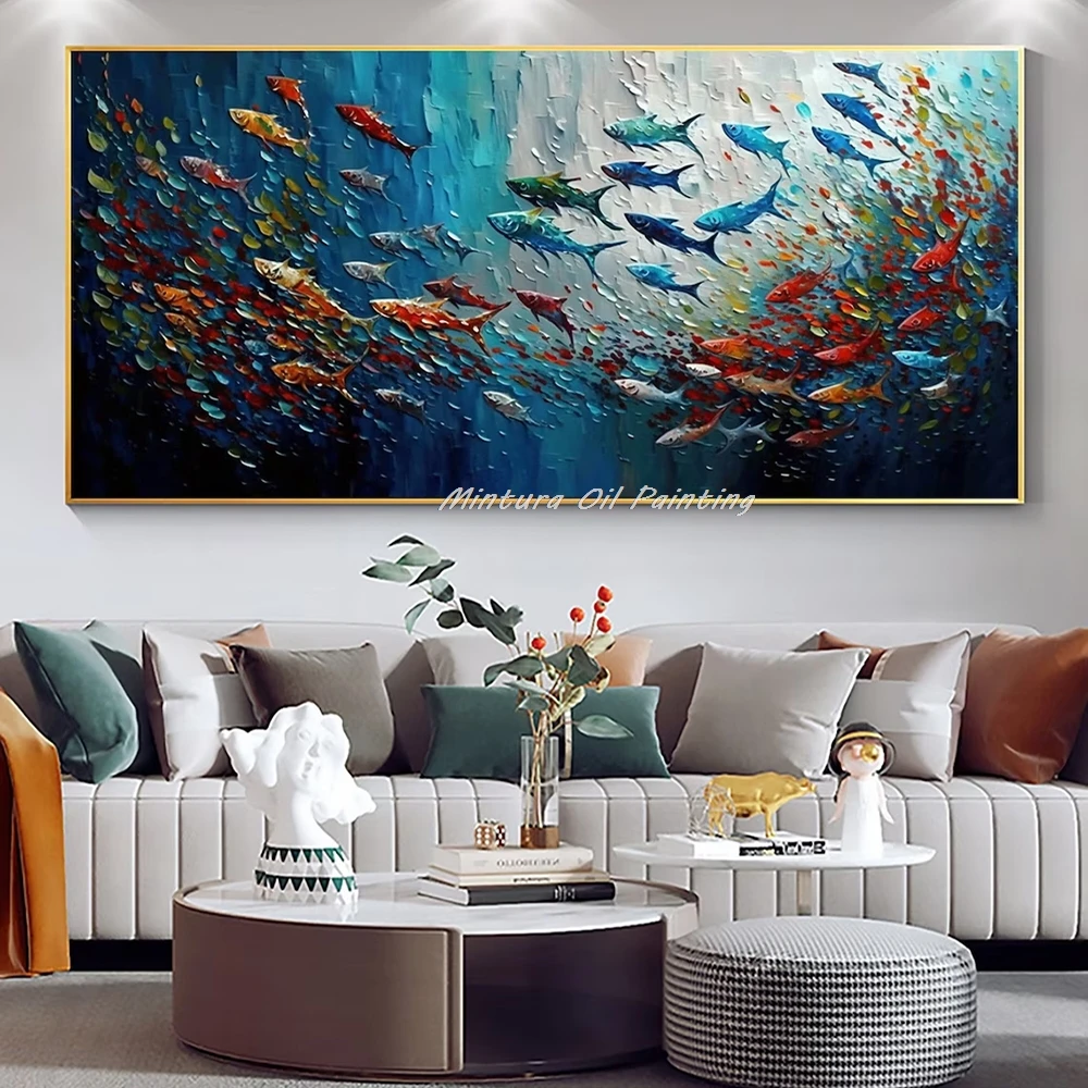 

Mintura,Handpainted Knife School of Fish Oil Painting on Canvas Modern Room Home Decoration Large Animal Poster Wall Art Picture