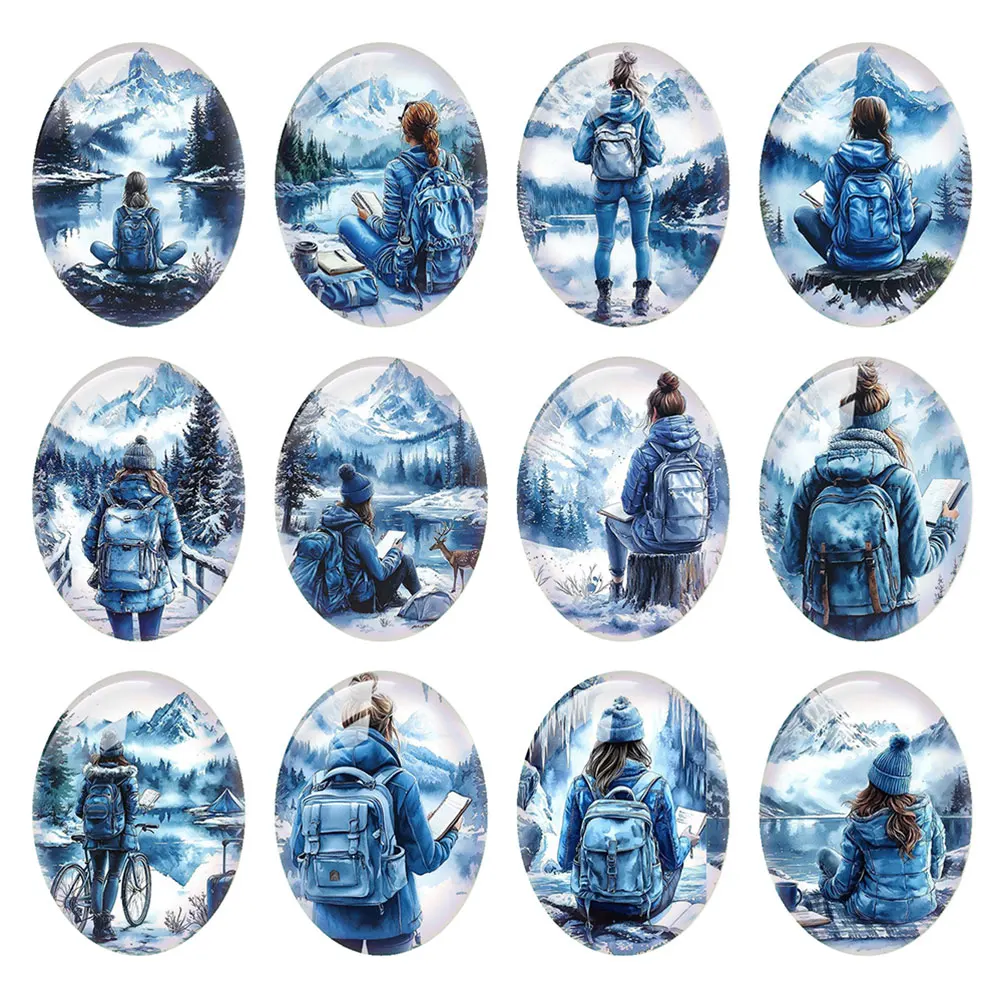 Random Mixed Round/Oval/Square Blue Mountain Hiking Lady Winter Photo Glass Cabochon Flatback Demo Cameo For Diy Jewelry Making