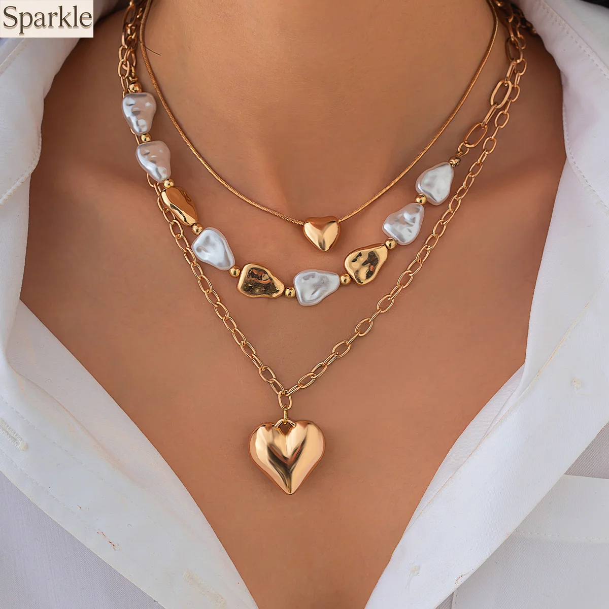 

Baroque Heart Layer Necklace For Women Irregular Flat-shaped Pearl Pendant Trendy & Elegant Fashion Jewelry Girls Gift
