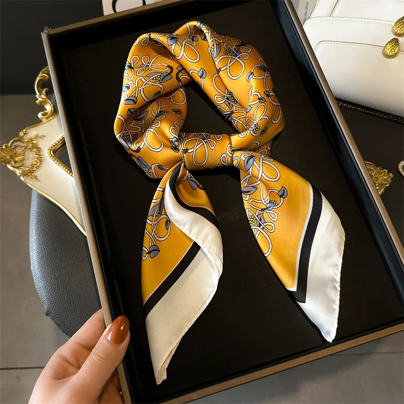 Luxury Silk Feeling Square Scarf Women 2024 Print Satin Neckerchief Spring Hair Band Foulard Bandana Echarpe Tie Shawl Wraps