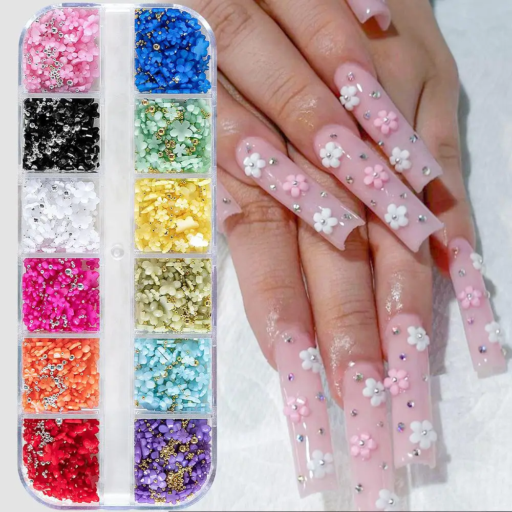 12-Grid Mixed Flower Nail Charms Kit, 12-Color Gold, Silver Steel Balls & Rhinestones, DIY Nail Art Decorations, Professional Be