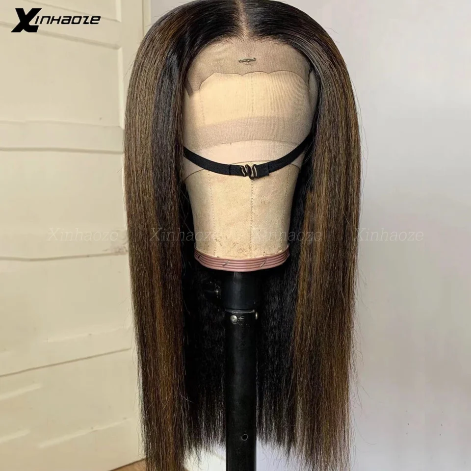 Highlight Kinky Straight Light Italian Yaki 13x6 Front Human Hair Wig Preplucked 180% Light Yaki Silk Top Human Hair Wigs