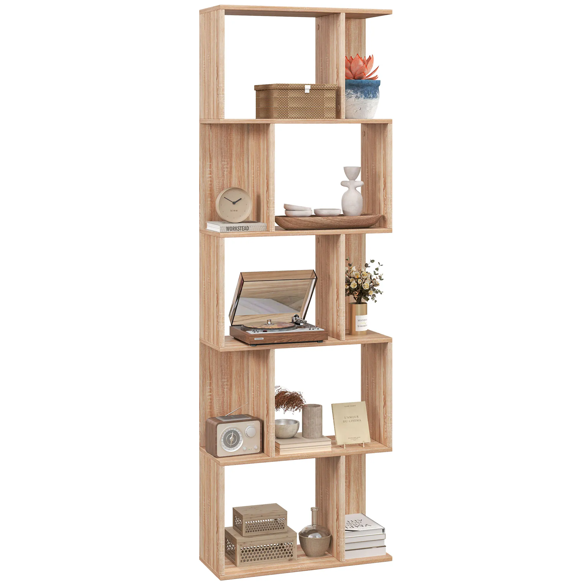 HOMCOM Librería de 5 Niveles Estantería para Libros en Forma de S para Salón Dormitorio Estudio Oficina 24x60x184,5 cm Natural