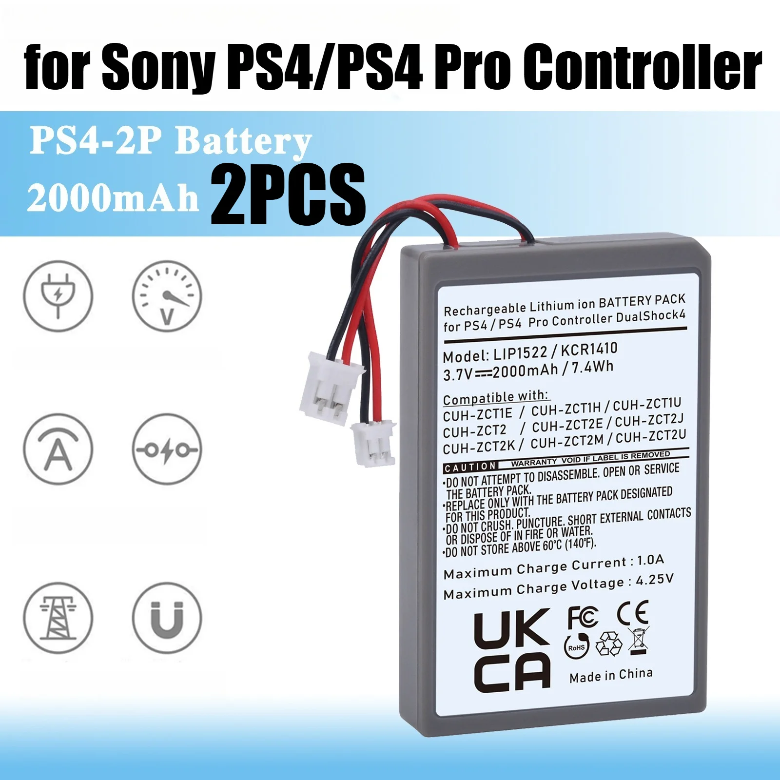 2000mAh Li-ion Replacement Battery for Sony PS4/PS4 Pro Controller - Built-in Rechargeable Battery with Safety Protection