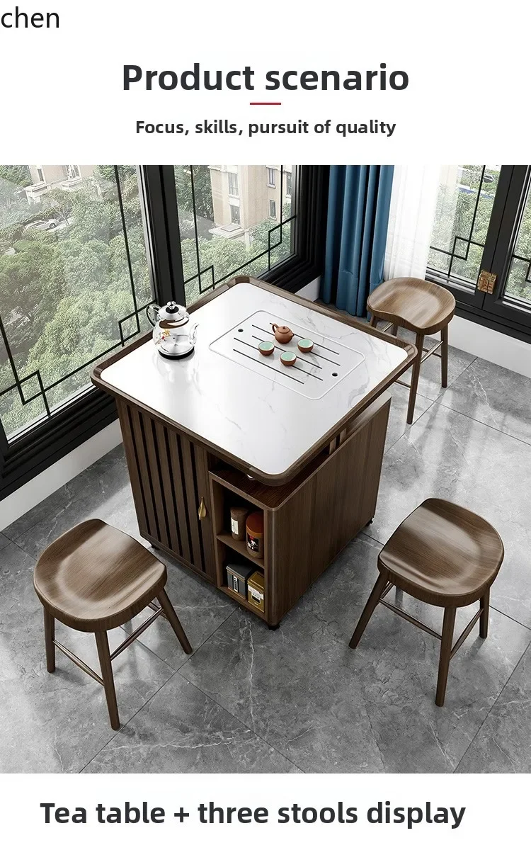 

i5.15 Balcony Tea Table and Chair Set with Wheels, Stone Board and Solid Wood, Suitable for Small Homes, Zen Style Tea Cart