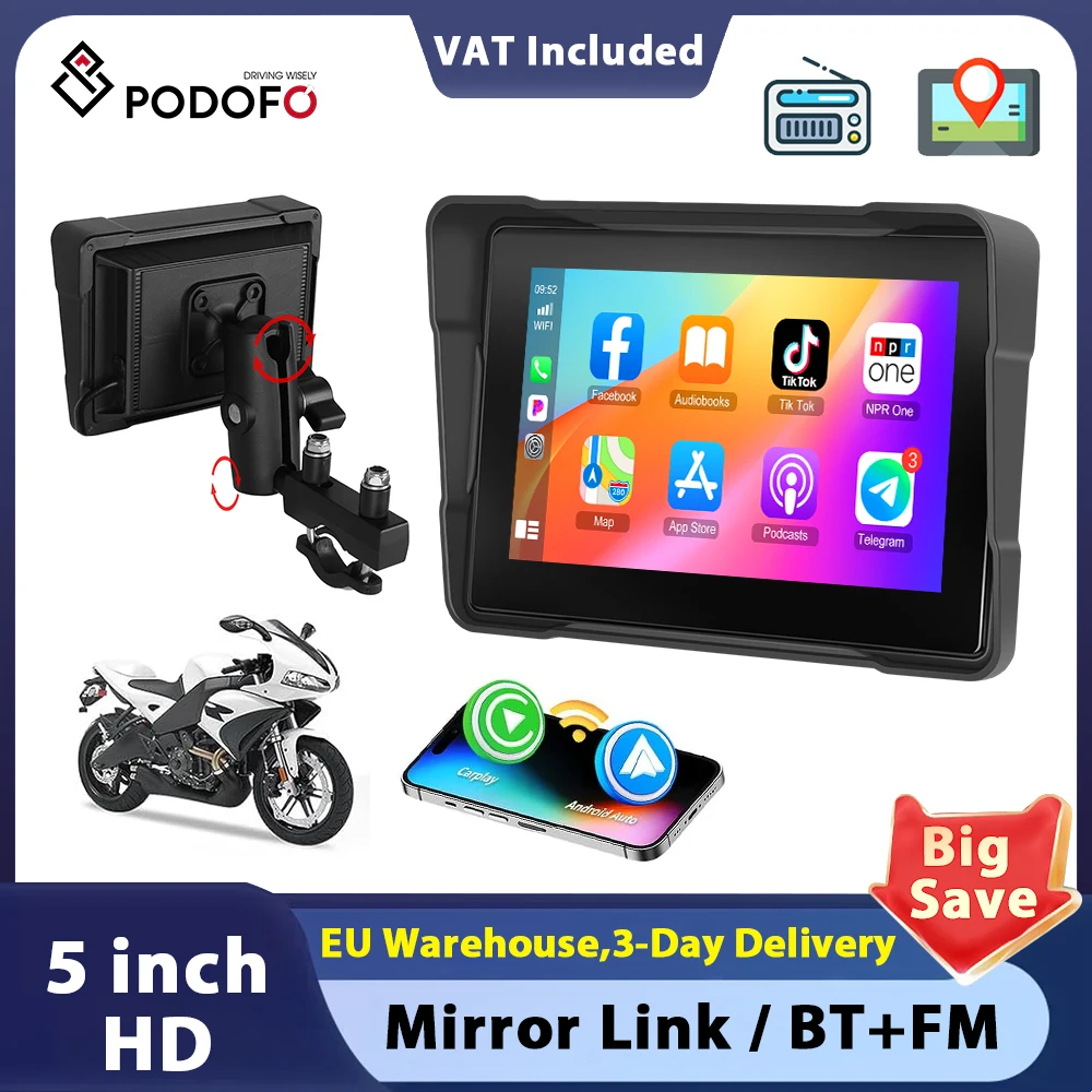 Podofo 5 pouces écran Carplay Moto moniteur Portable Moto GPS lecteur intelligent sans fil Android Auto moniteur IP67 étanche
