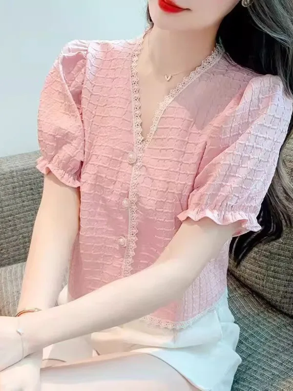 Csa Corta con Efecto Adeazante, Cuello en V, Manga Abullonada, Ribete de Encaje, Estilo Coreano, Hoada, con Estampado ...