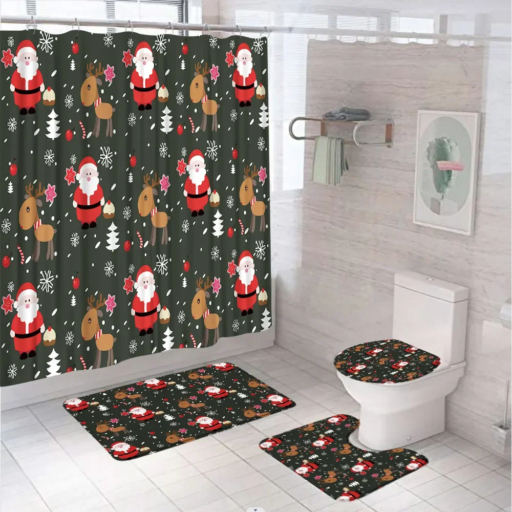 Christmas Decor Shower Curtain Sets Reindeer Christmas Tree Snowflake Bathroom Curtains Non-Slip Bath Mat Rug Toilet Seat Cover