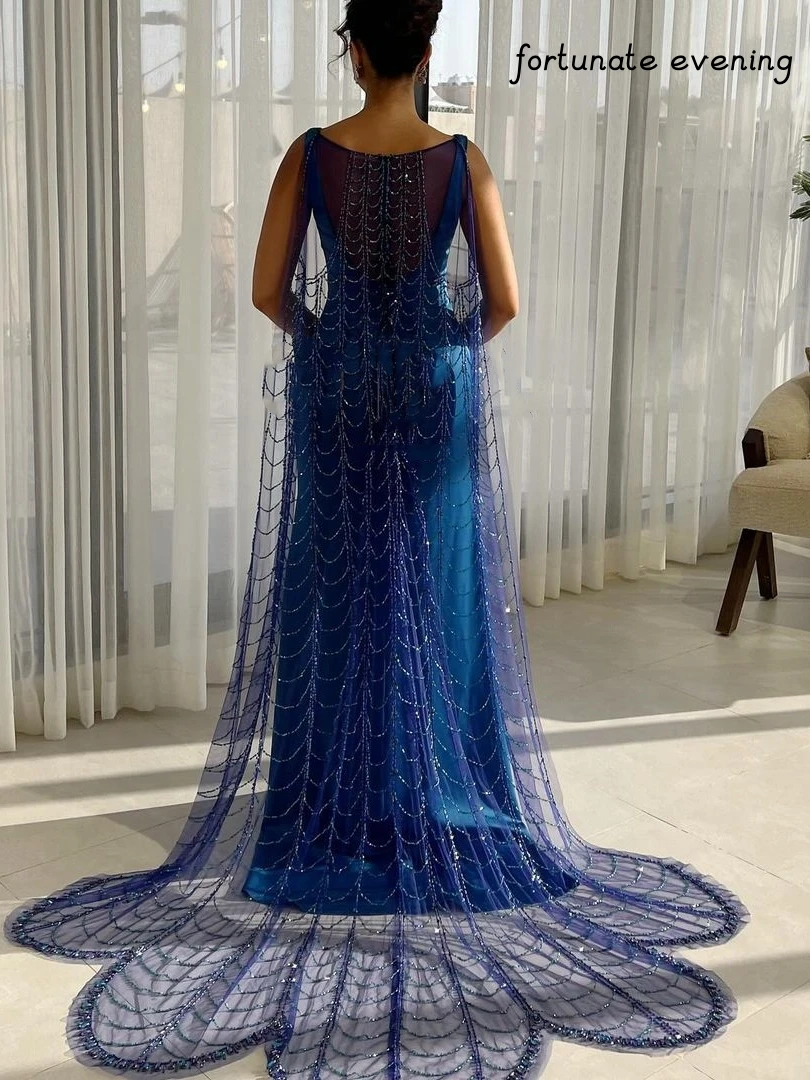 Fortunate Evening Elegant Vintage Blue Mermaid Beads Lace Stylish Saudi Arabia Formal Occasion Prom Dress Evening Party Gowns