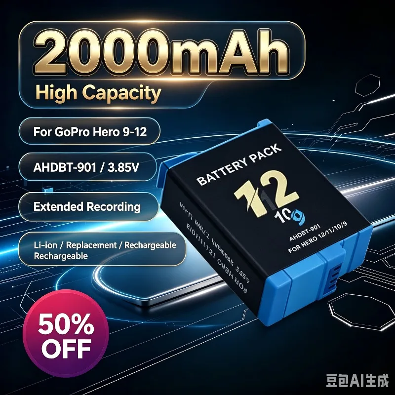 2000mAh High Capacity Battery for GoPro Hero 9 10 11 12 Replacement AHDBT-901 3.85V Li-ion Extended Battery