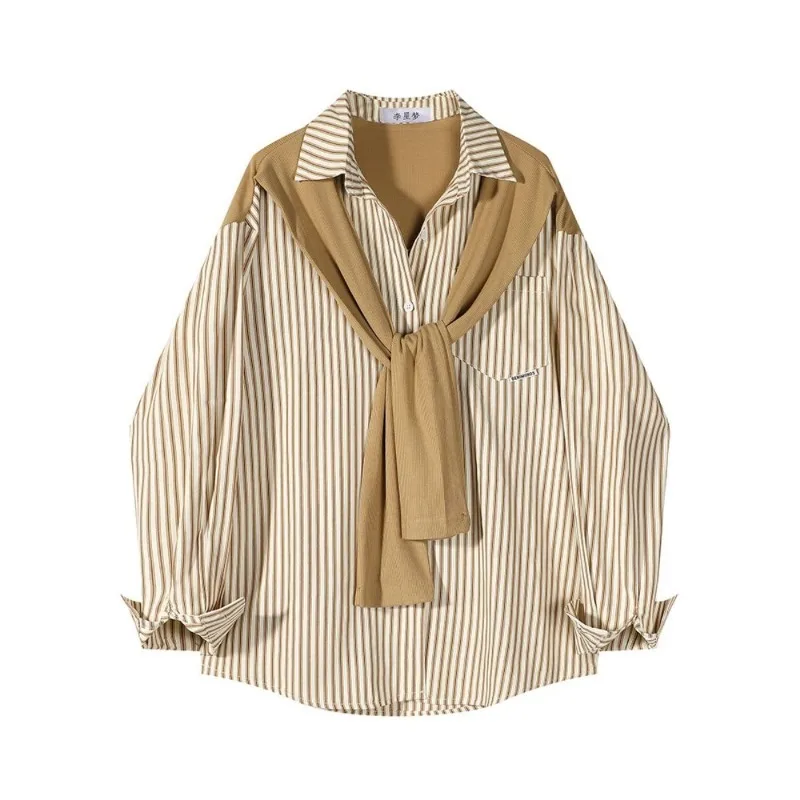 

EBAIHUI Men's Striped Long Sleeved Shirt with Shawl Loose Casual Flip Tie Button Tops Korean Style Design Blouses for Male