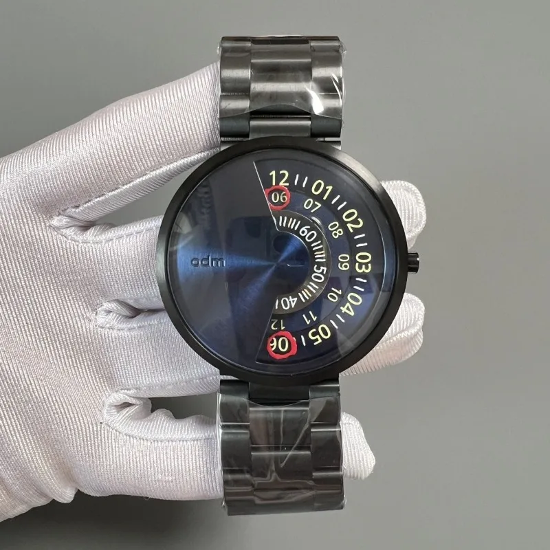 Trendy brand fashion personality semi-covered no pointer reading quartz men's watch stainless steel imported movement