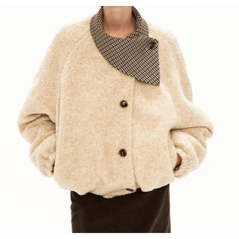

Retro Asymmetrical Plaid Lapel Profile Warm Fleece Jacket Winter Fashion Niche Lamb Wool Outside Women
