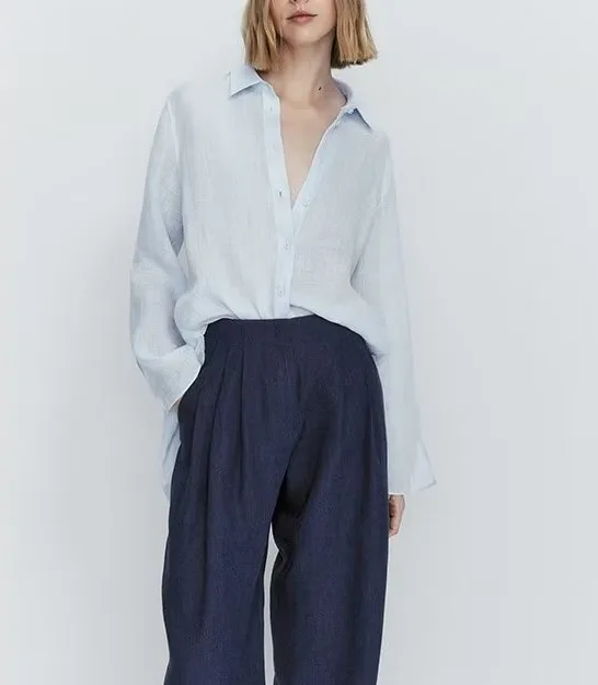 กางเกงขายาวผ้าลินินทรงหลวมสบายสำหรับผู้หญิง สไตล์ลำลอง พับได้ สีน้ำเงิน ทรงตรง ขาตรง ไม่สมมาตร เอว l