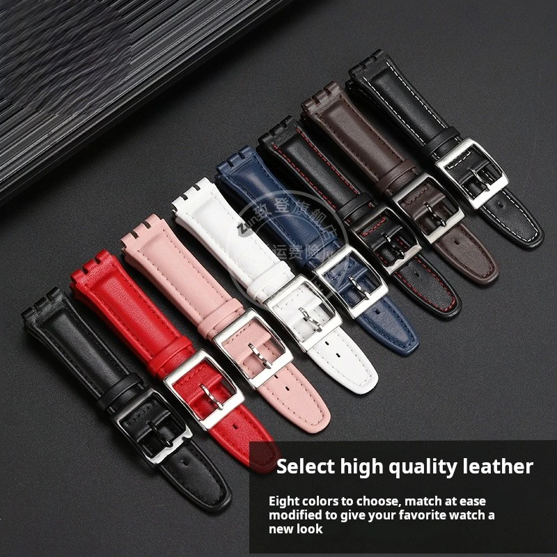 Correa de reloj de cuero genuino de alta calidad de 17mm y 19mm para hombre y mujer, compatible con Swatch YCS YAS YGS, con hebilla de metal 2