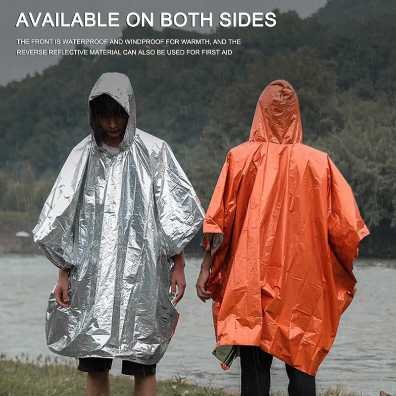 Emergency Survival Rain Poncho Thermal Survival Space Blanket Thermal Raincoat Heat Reflective Waterproof for Camping Hiking Hot