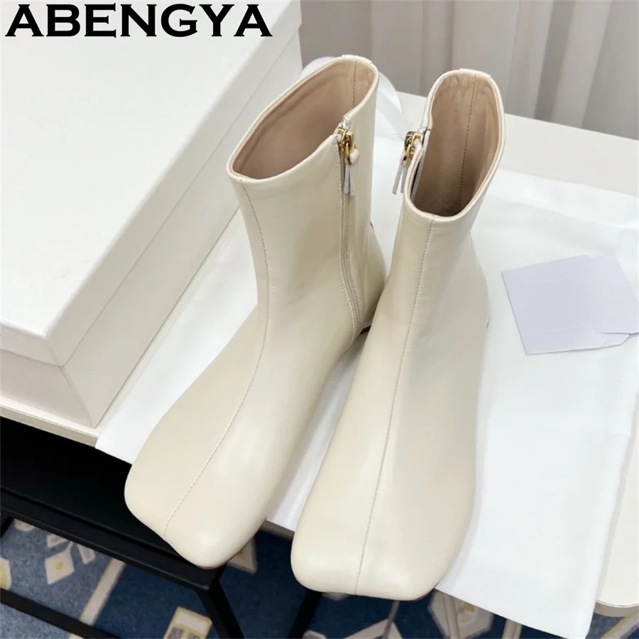 

Black White Genuine Leather Punk Boots Woman Western Boots Ladies Low Heel Ankle Boots Woman Winter Slim Chelsea Boots Women