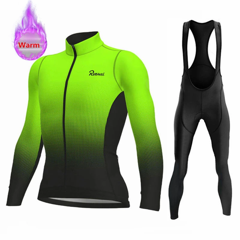 Rvouei Winter Thermal Fleece Long Sleeve Cycling Jersey Set Bib Pants Ropa Ciclismo Bicycle Clothing MTB Bike Mens Pro Team Suit